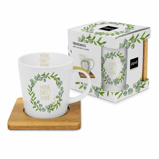 PPD Home Sweet Home Trend Mug Nature, mit Holzuntersetzer, Tasse, Teetasse, Kaffee Becher, 350 ml, 604298