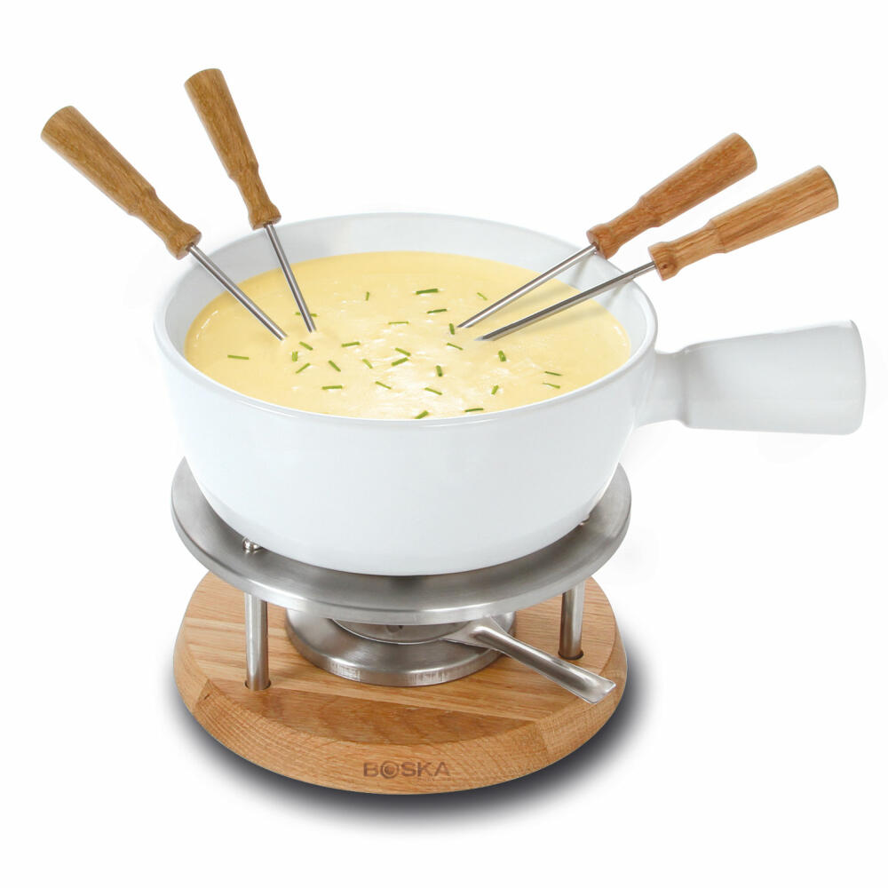 Boska Life Fondue-Set Bianco, Käsefondue, Europäisches Eichenholz, Edelstahl, Steingut, Eiche, Silber, Weiß, 1 L, 340029