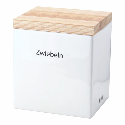 Continenta Vorratsdose mit Holzdeckel, Aufbewahrungsbehälter, Vorratsbox, Keramik / Gummibaumholz, Weiß, 18 x 15.5 x 20.5 cm, 3922