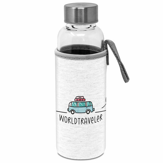 PPD Glass Bottle Worldtraveler, mit Schützhülle, Flasche, Glasflasche, Trinkflasche, Borosilikatglas, 350 ml, 461322