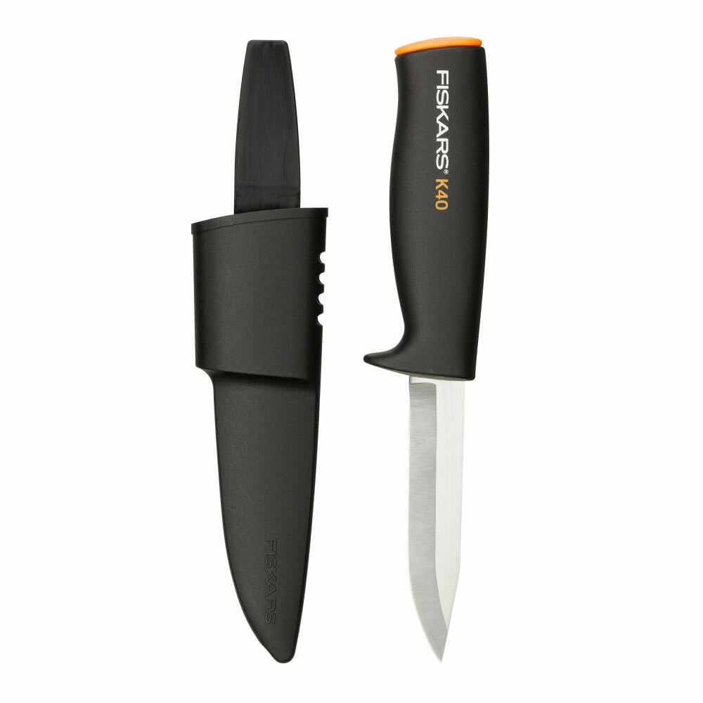 Fiskars Universalmesser K40, Universal Messer, Gartenmesser, Gartenzubehör, Edelstahl, Schwarz / Orange, 23 cm, 1001622