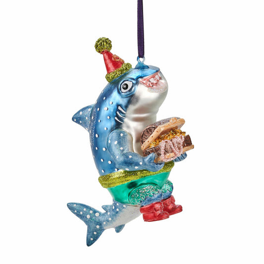 Gift Company Hanging Shark Pirate with Treasure Chest, Christmas Decoration, Decoration, Pendant, Tree Decoration, Glass / Polyresin, Blue, 1068301009