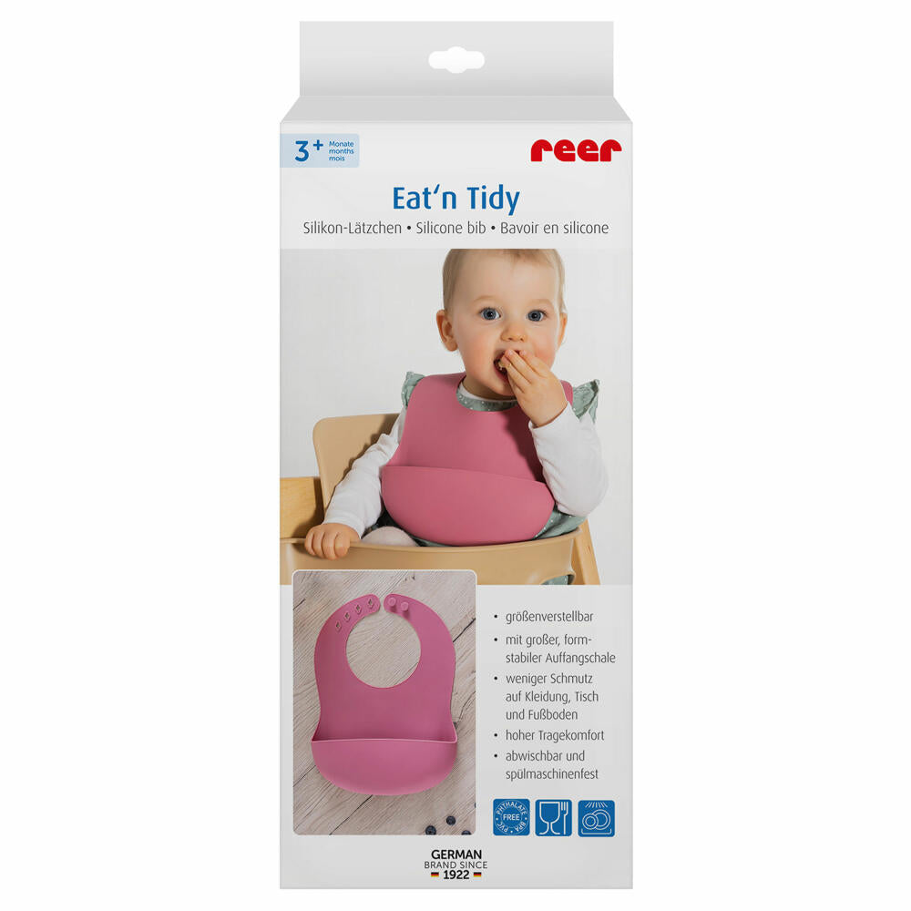 reer Eat'n Tidy Silicone Bib, with drip tray, bib, baby bib, silicone, pink, 25044