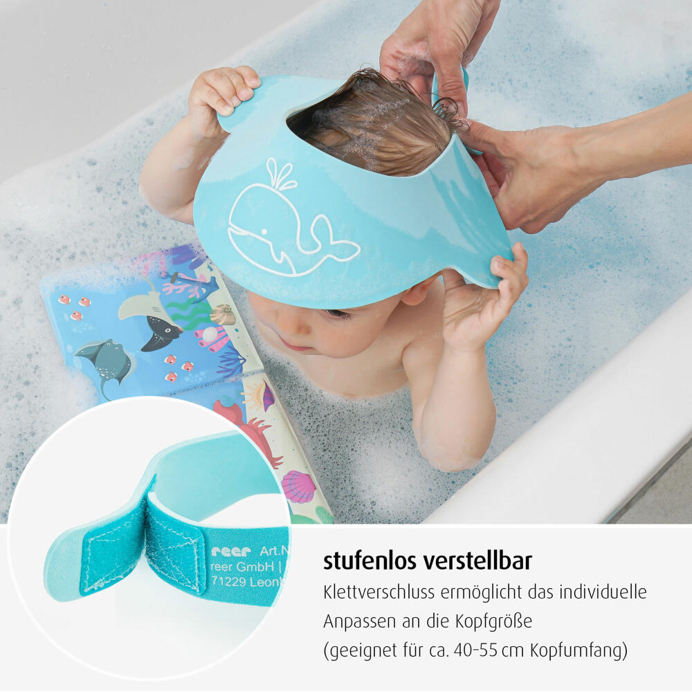 reer MyHappyBath Cap, Shampoo Schutz, Duschkappe, Duschhaube, Kinder, Augenschutz, Blau, 76043