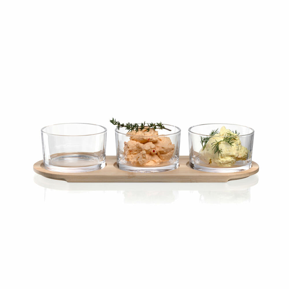 montana serving set 4-piece: prepare, wooden board with 3 glasses, wood, glass, clear, 046013