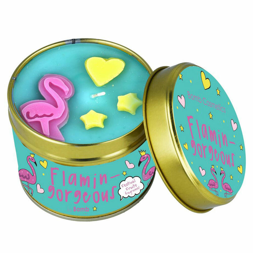 Bomb Cosmetics scented candle Scent Stories in tin Flamingorgous, tin candle, turquoise, PFLAGOR04