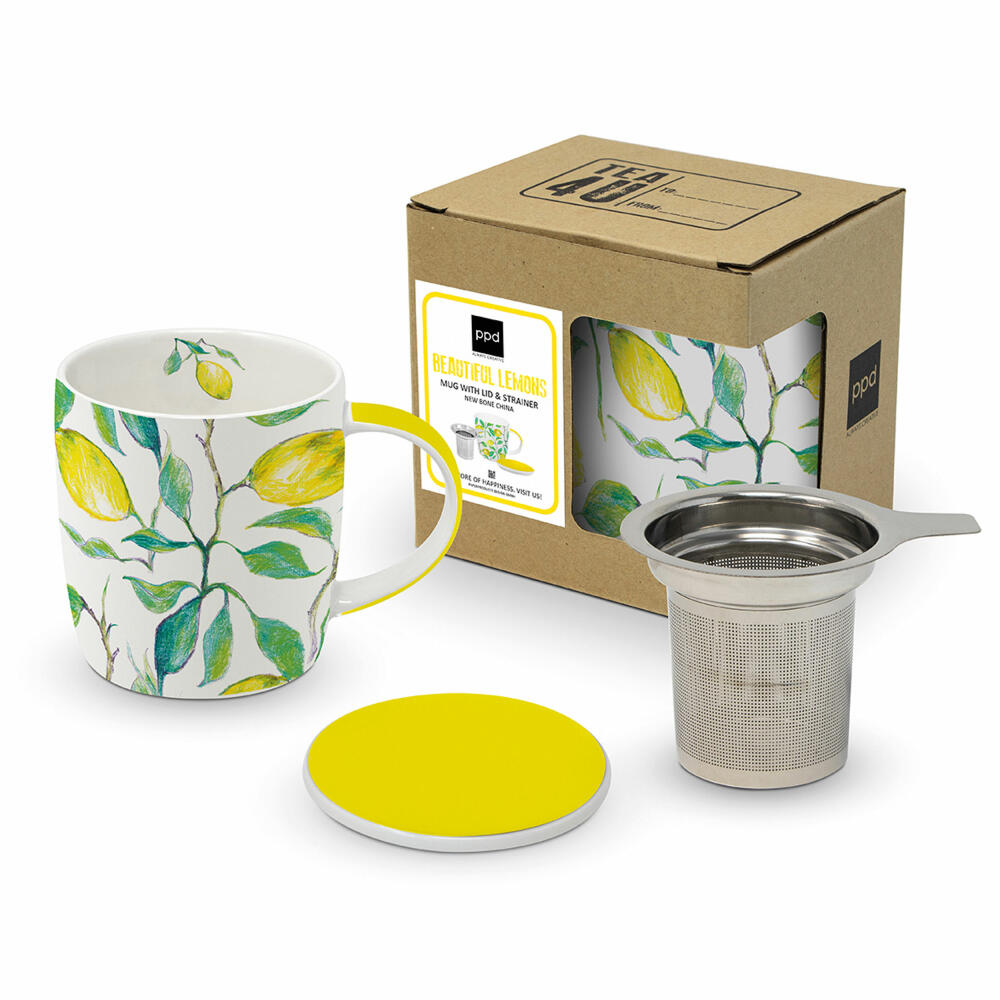 PPD Mug Lid & Strainer Beautiful Lemons, 3-tlg., mit Sieb und Deckel, Teetasse, Tee Tasse, 350 ml, 603956
