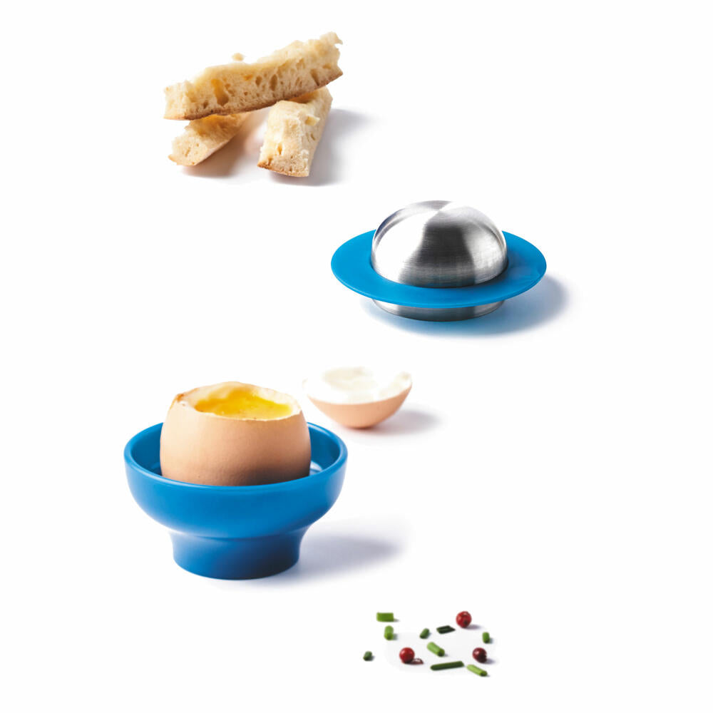 Mastrad Frühstücks-Ei-Set 6-tlg., Eierbecher, Eierköpfer, Salzstreuer, Kunststoff, Stahl, Blau, F65560