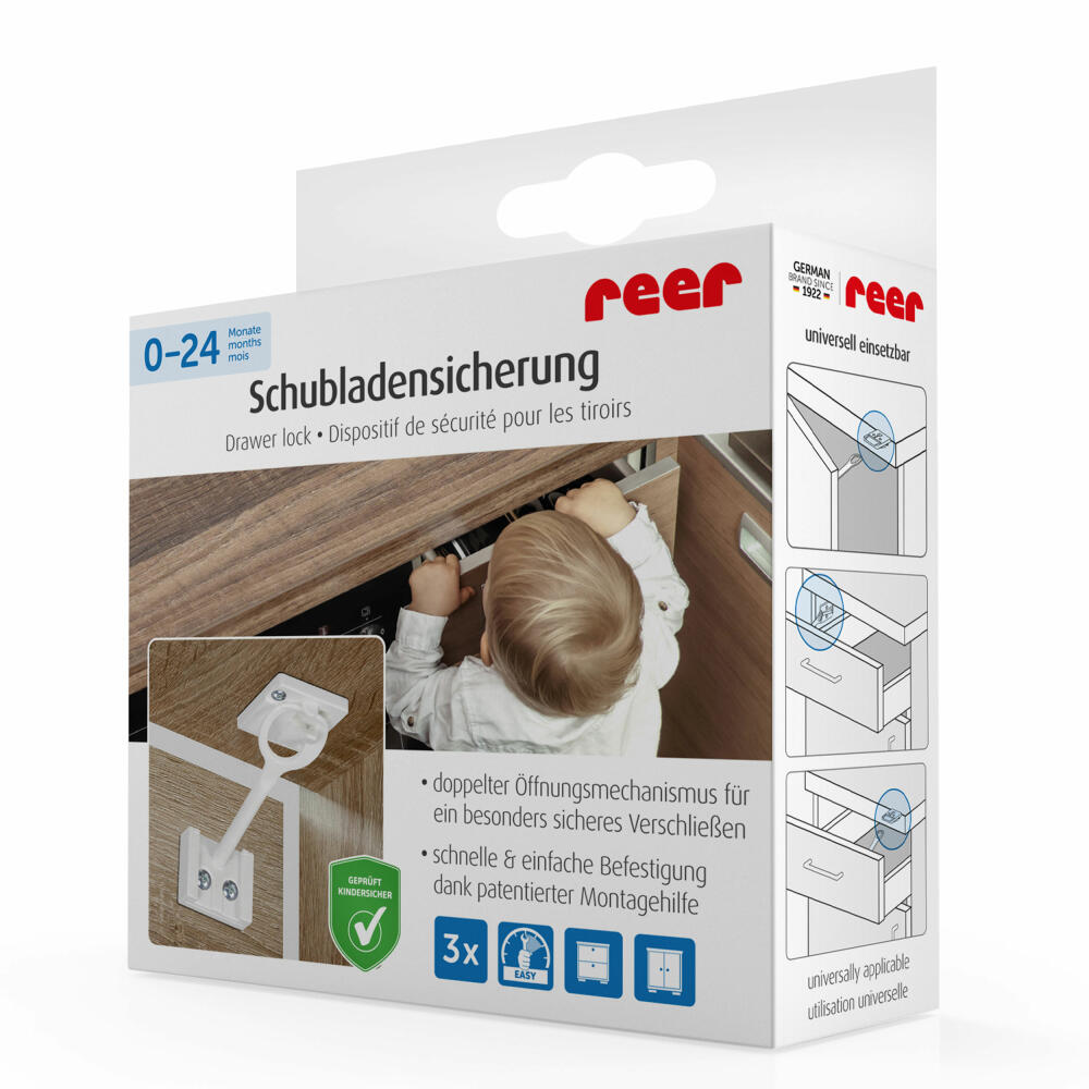 reer Schrank- und Schubladensicherung mit Montagehilfe, 3er Set, Klemmschutz, Kinder Sicherung, Weiß, 71060