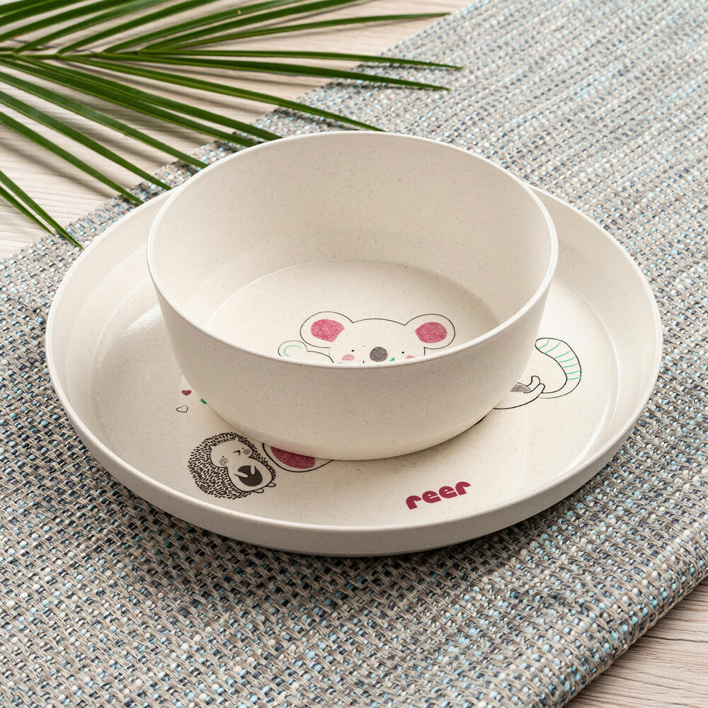 reer Growing Geschirr-Set LovelyFriends, 5-tlg., Kindergeschirr, Teller, Löffel, Gabel, Becher, Schale, 22020