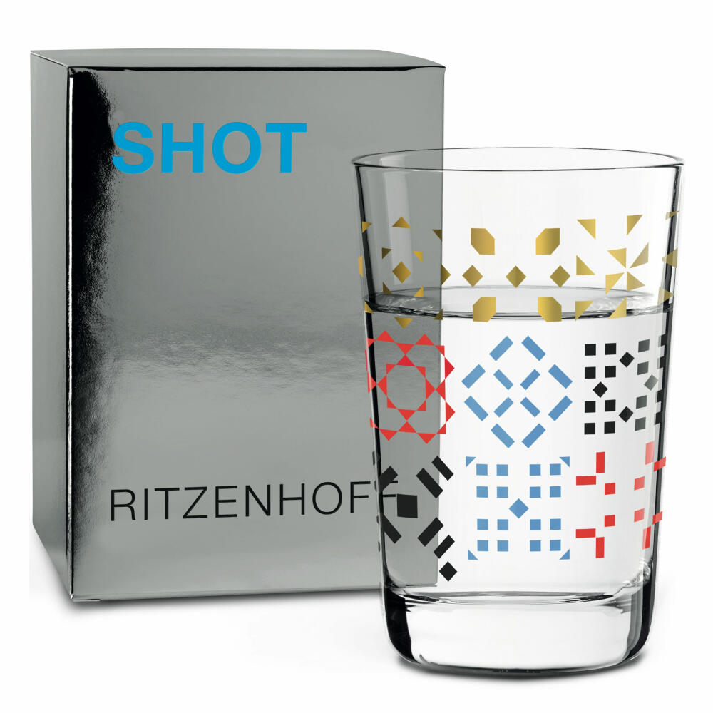 Ritzenhoff Next Shot Schnapsglas, 4er Set mit Reinigungstuch, Nr. 1, N. Ladeiro, C. Van Ommen, A. St. James Frenchie / Stars, Glas, 40 ml