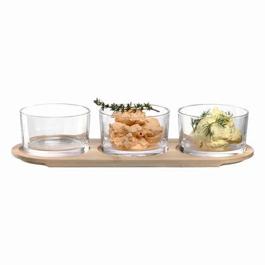 montana serving set 4-piece: prepare, wooden board with 3 glasses, wood, glass, clear, 046013