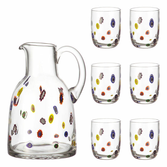 Leonardo Millefiori Set 7-teilig, Krug + Saftgläser, Saft Becher, Wasserkrug, Kanne, 2 L, 17184