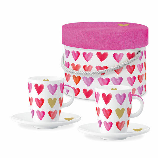 PPD Aquarell Hearts gold E-Cup, 2er Set, Espressotasse, Espresso Tasse, in Geschenkbox, New Bone China, 80 ml, 162901460