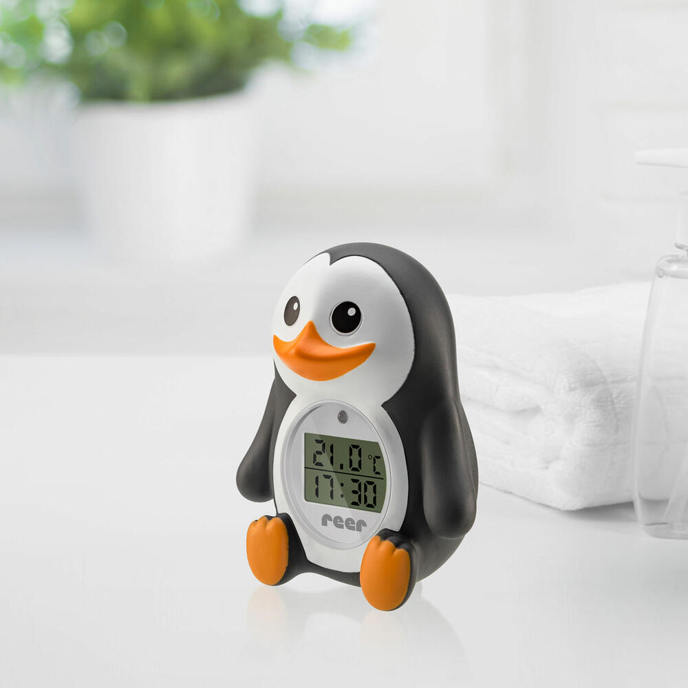 reer MyHappyPingu Badethermometer, 2in1, Digitales Bade Thermometer, Raumthermometer, Temperaturalarm, 24041