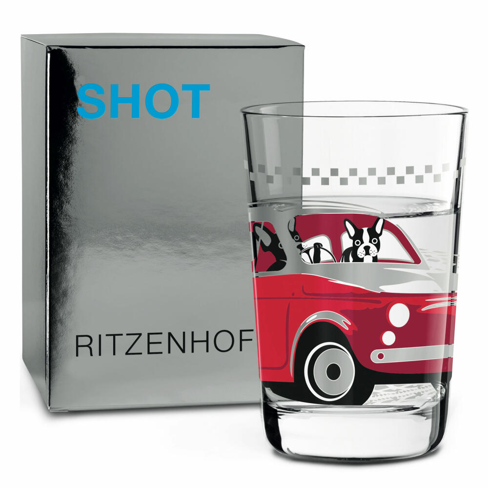 Ritzenhoff Next Shot Schnapsglas, 4er Set mit Reinigungstuch, Nr. 1, N. Ladeiro, C. Van Ommen, A. St. James Frenchie / Stars, Glas, 40 ml