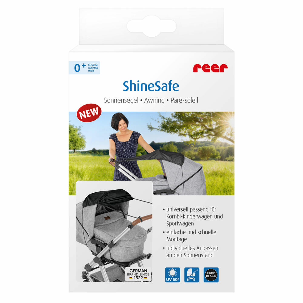 reer ShineSafe Sonnensegel, Sonnenschutz, UV Schutz, Kinderwagen, Schwarz, 84191