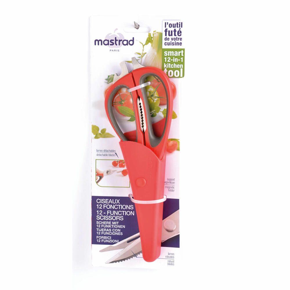 Mastrad Multifunktionsschere mit Magnethalter, Küchenschere, Schere, Inox-Stahl, Kunststoff, Rot, F24515