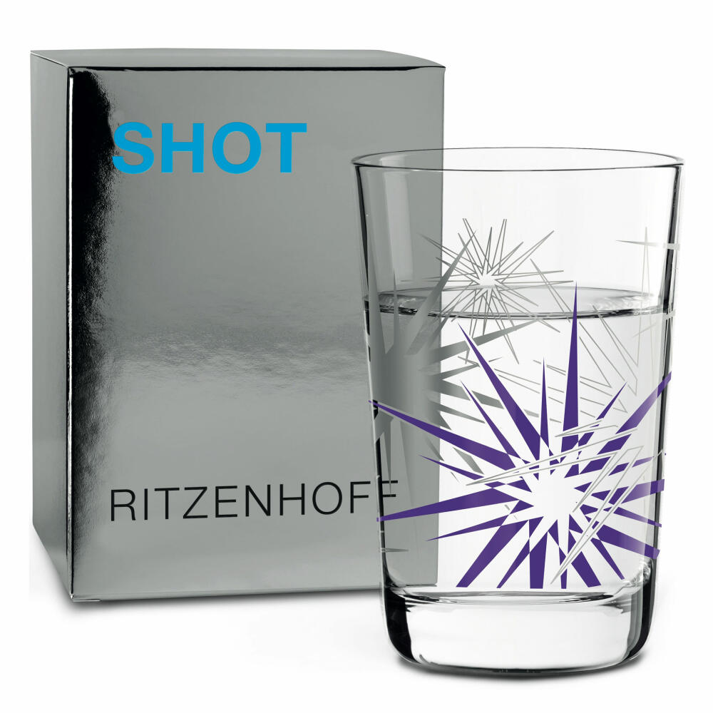 Ritzenhoff Next Shot Schnapsglas, 4er Set mit Reinigungstuch, Nr. 1, N. Ladeiro, C. Van Ommen, A. St. James Frenchie / Stars, Glas, 40 ml