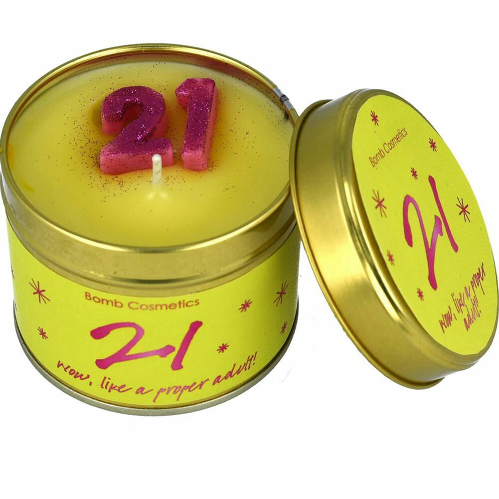 Bomb Cosmetics scented candle in tin 21st Birthday, tin candle, yellow, P21BIRTH04