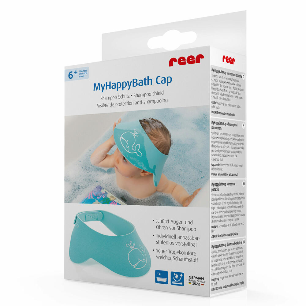 reer MyHappyBath Cap, Shampoo Schutz, Duschkappe, Duschhaube, Kinder, Augenschutz, Blau, 76043