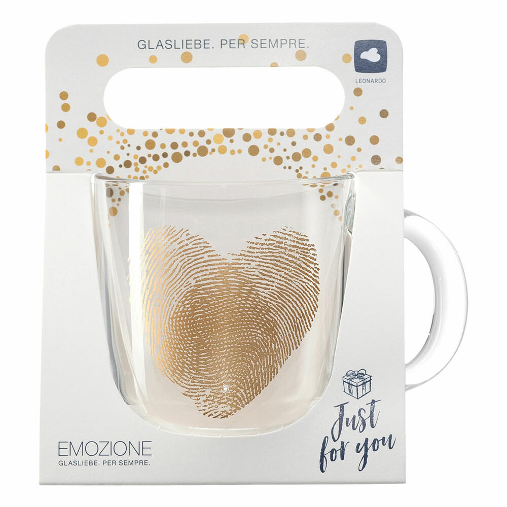 Leonardo cup EMOZIONE fingerprint heart, coffee cup, mug, handle glass, glass, multicolored, 300 ml, 046449