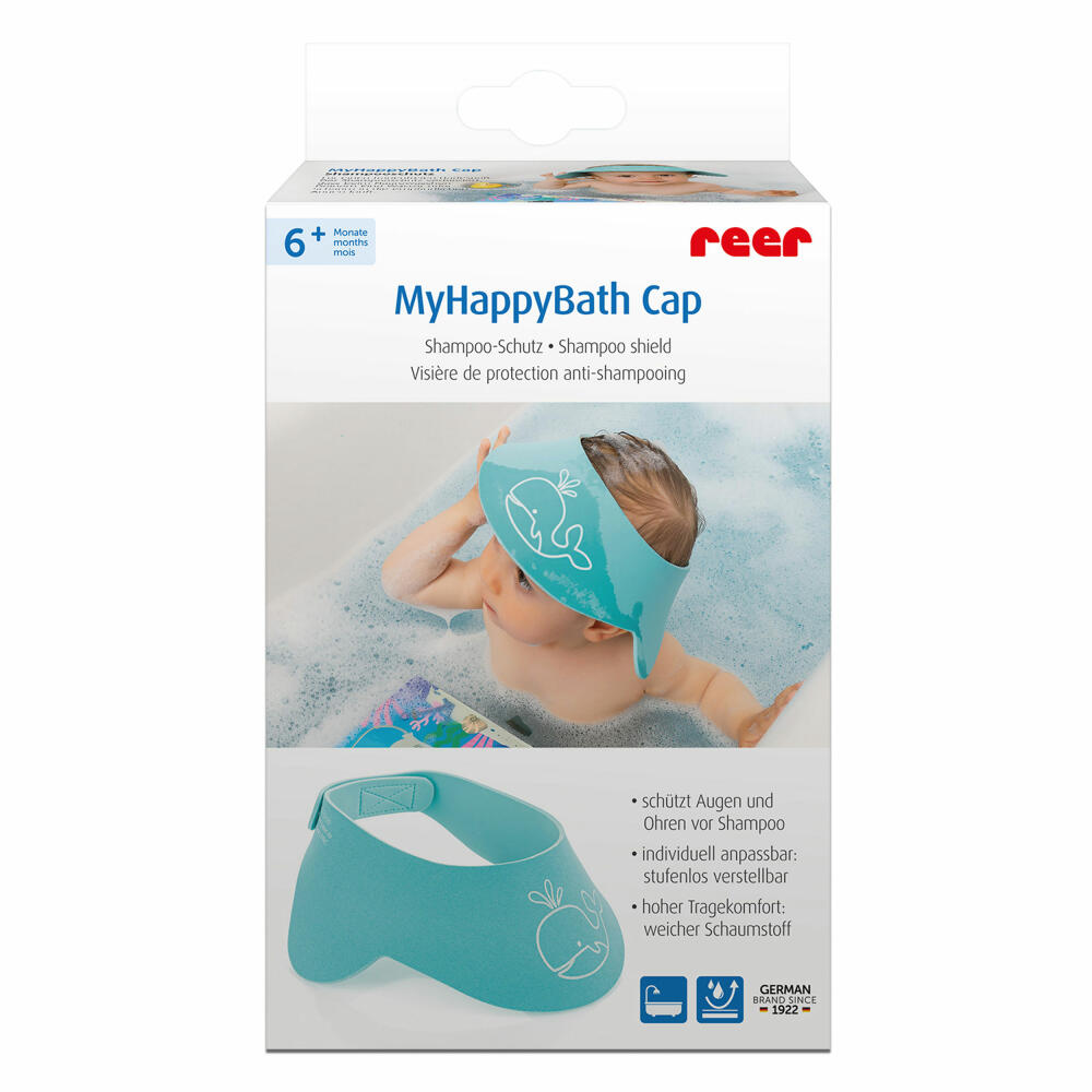 reer MyHappyBath Cap, Shampoo Schutz, Duschkappe, Duschhaube, Kinder, Augenschutz, Blau, 76043