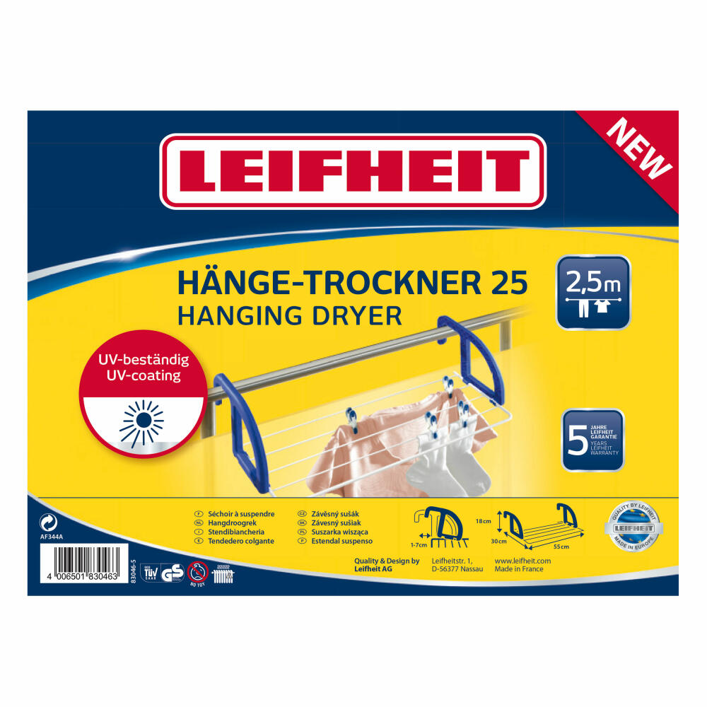 Leifheit Hanging Dryer Classic 25, Balcony Dryer, Clothes Dryer, Clothesline, White / Blue, 83046