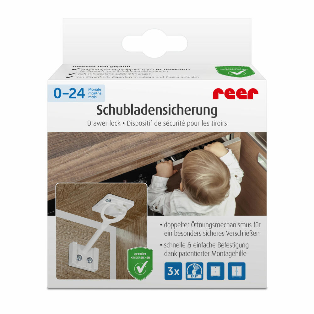 reer Schrank- und Schubladensicherung mit Montagehilfe, 3er Set, Klemmschutz, Kinder Sicherung, Weiß, 71060