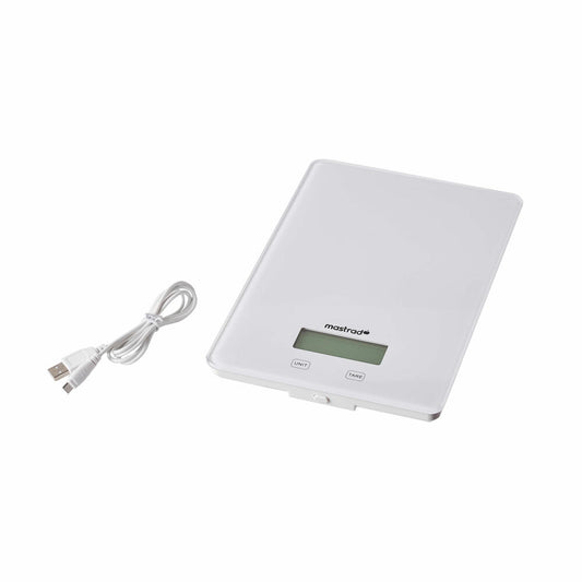 Mastrad Küchenwaage Balance Pro USB, Waage bis 15 kg, Kunststoff, Glas, Weiß, F76812