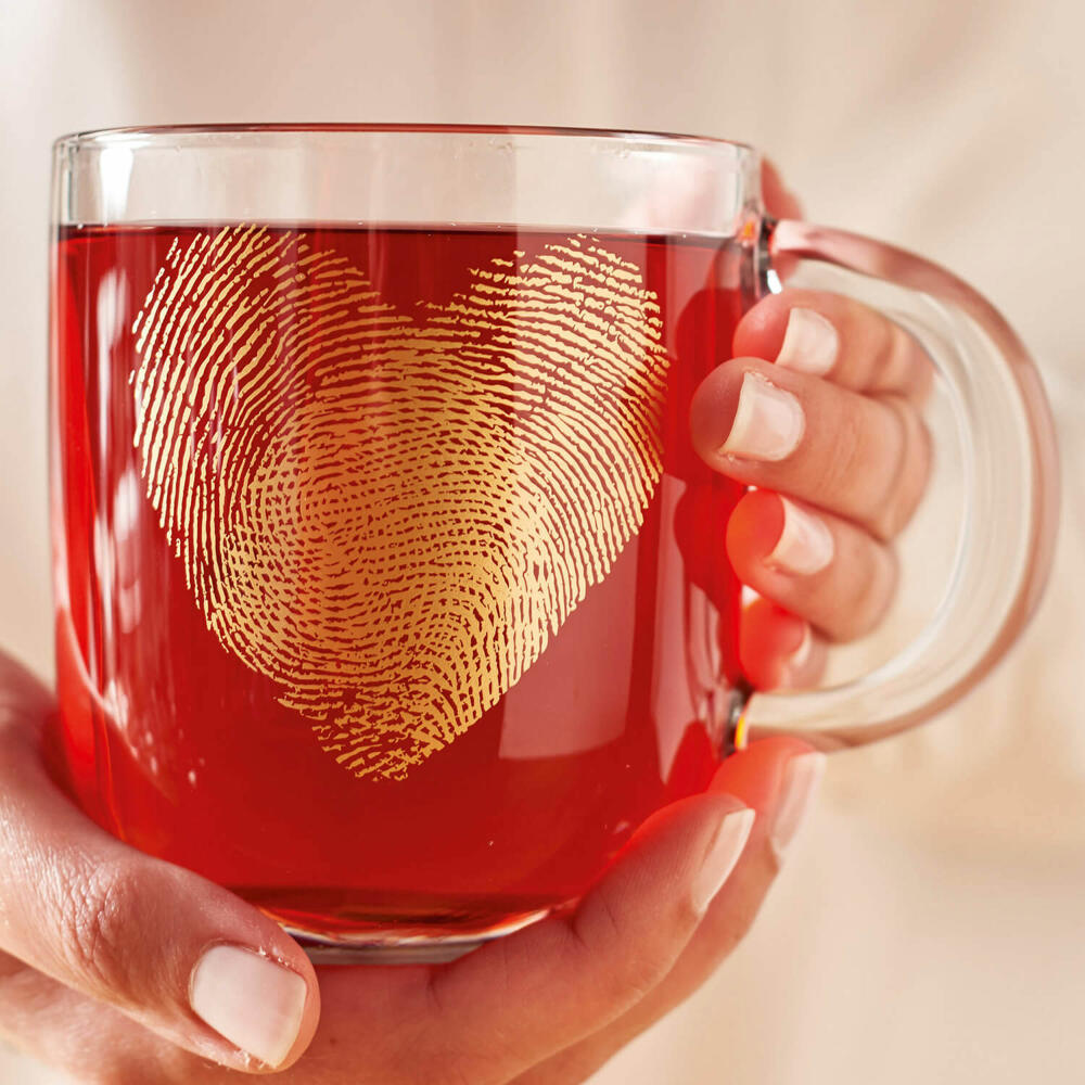 Leonardo cup EMOZIONE fingerprint heart, coffee cup, mug, handle glass, glass, multicolored, 300 ml, 046449