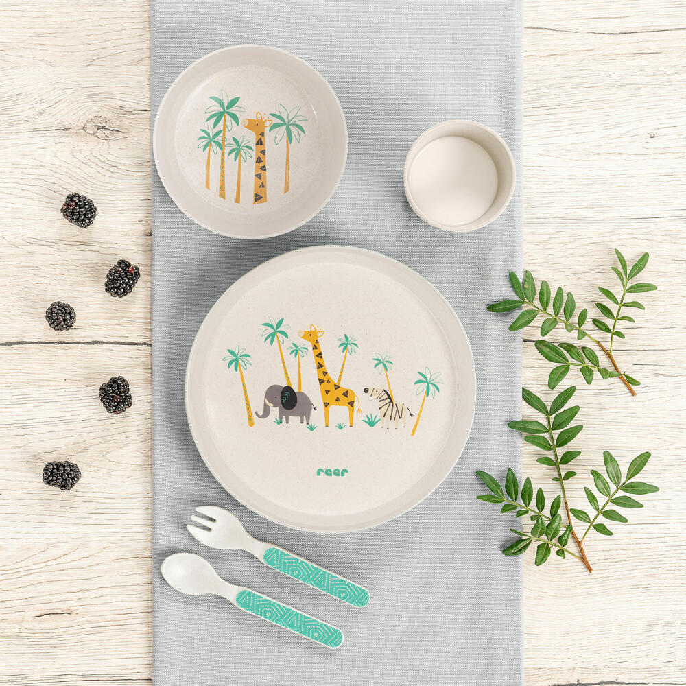 reer Growing Geschirr-Set WildLife, 5-tlg., Kindergeschirr, Teller, Löffel, Gabel, Becher, Schale, 22010