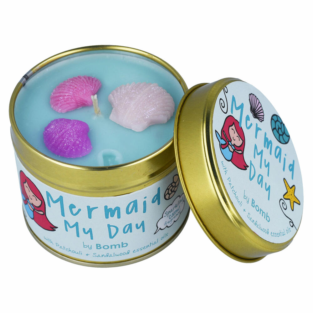 Bomb Cosmetics scented candle Scent Stories in Tin Mermaid my Day, tin candle, light blue, PMERDAY04