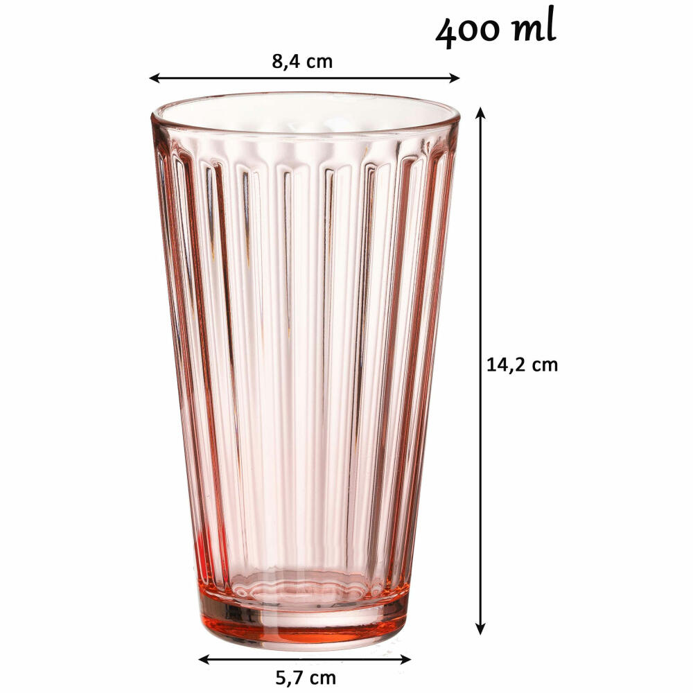 Ritzenhoff & Breker Longdrinkglas Lawe, Becher, Trinkglas, Glas, Rosa, 400 ml, 164459