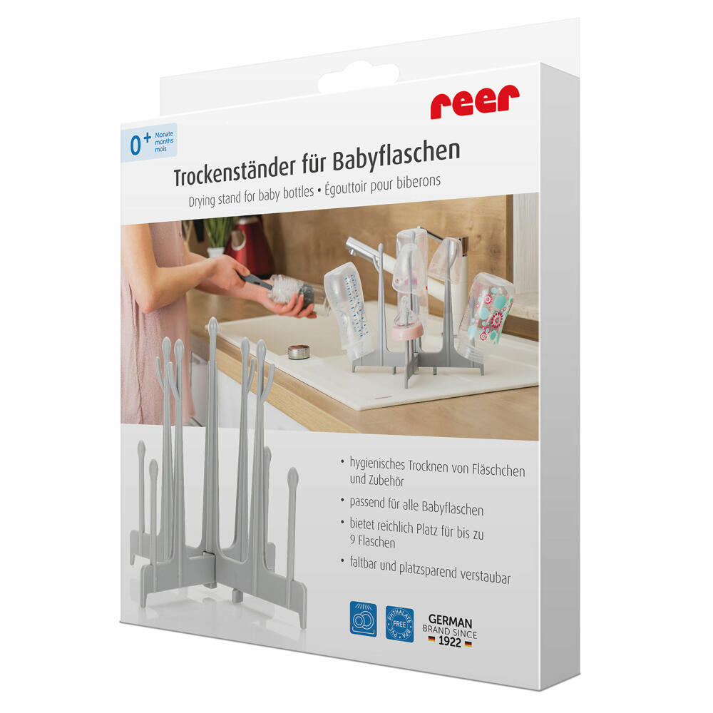 reer drying rack for baby bottles, draining rack, bottle holder, bottle stand, plastic, grey, 21041