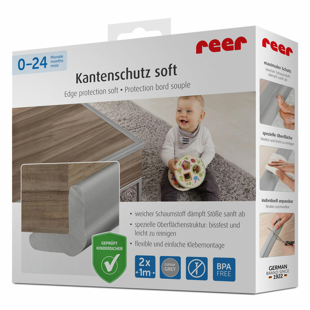 reer Kantenschutz soft, Kanten Schutz, Kinder, Sicherheit, Kindersicherung, Schaumstoff, Grau, 82041