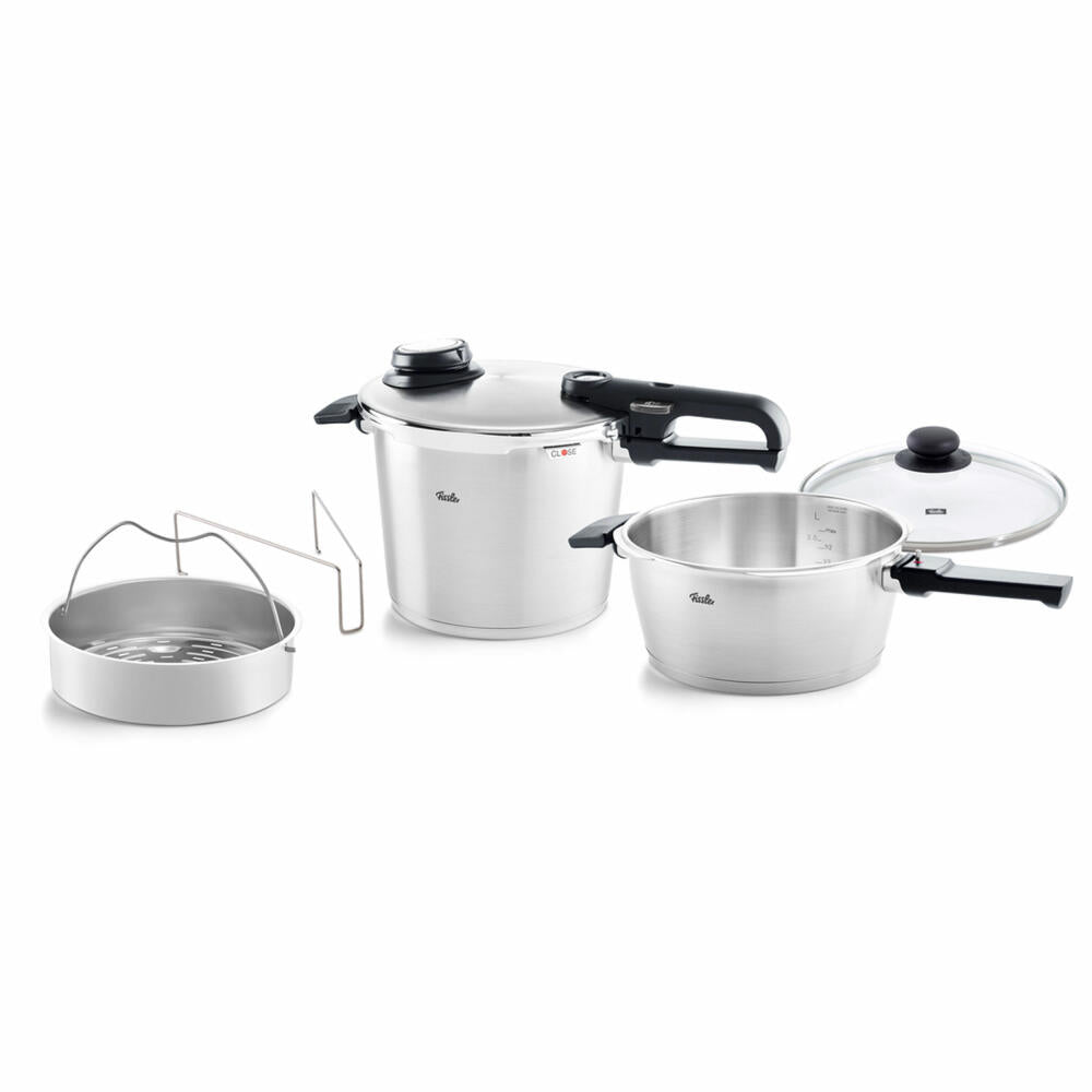 Fissler Vitavit Premium Set 3-tlg. Schnellkochtopf 3.5 L + 6 L mit Glasdeckel und Einsatz, 622-412-13-090