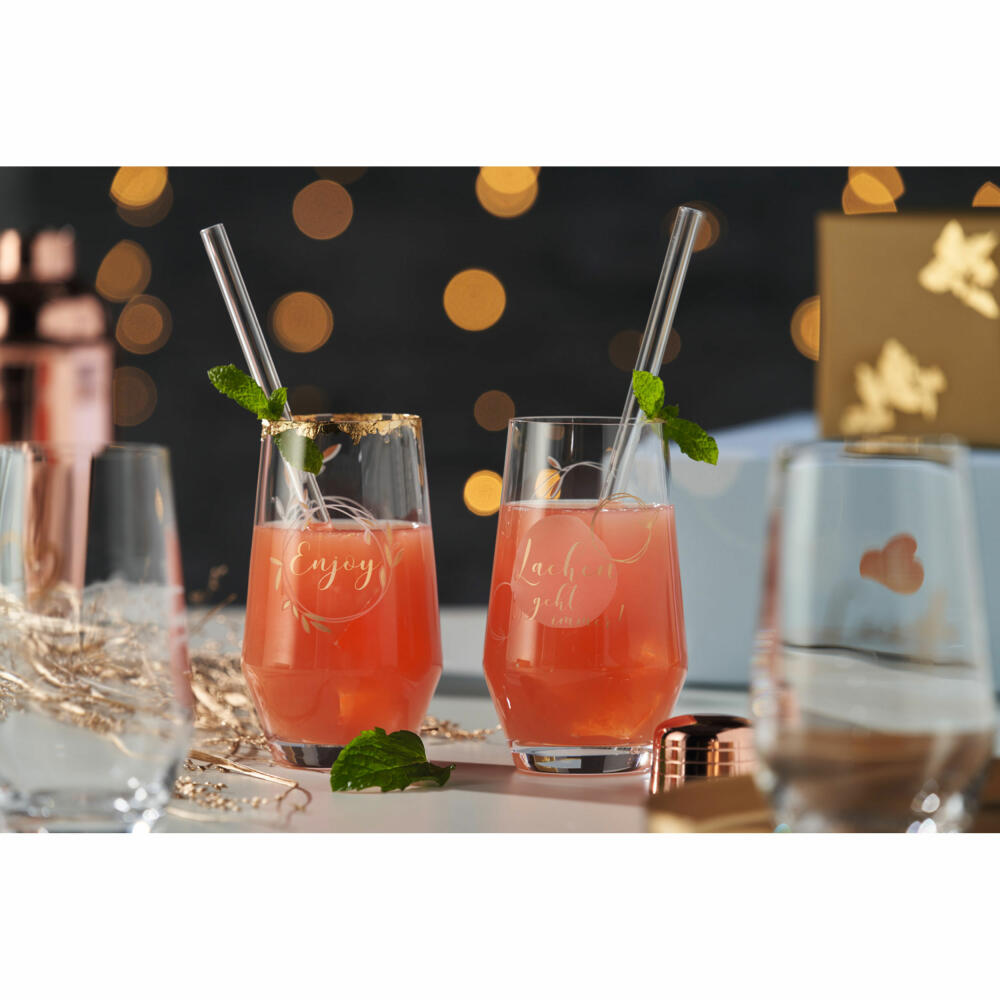 Leonardo 2 drinking glasses + 2 glass drinking straws Presente Lachen, glass, clear with motif, 365 ml, 029182