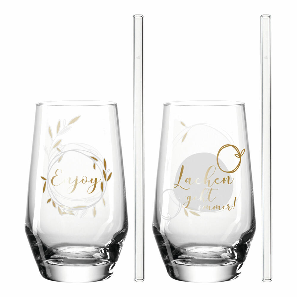 Leonardo 2 drinking glasses + 2 glass drinking straws Presente Lachen, glass, clear with motif, 365 ml, 029182