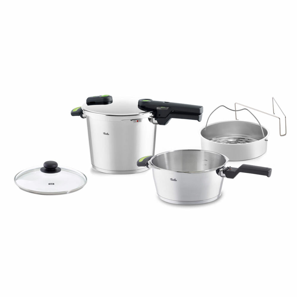 Fissler Schnellkochtopf Vitaquick green 6 L Bundle mit Einsatz, 3.5 L Pfanne und Glasdeckel, 600 350 13 090 0