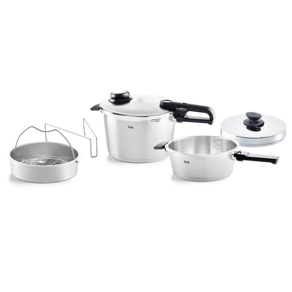 Fissler Vitavit Premium pressure cooker set 2-piece, with pressure frying pan, metal lid, stainless steel 18/10, 622-812-11-090