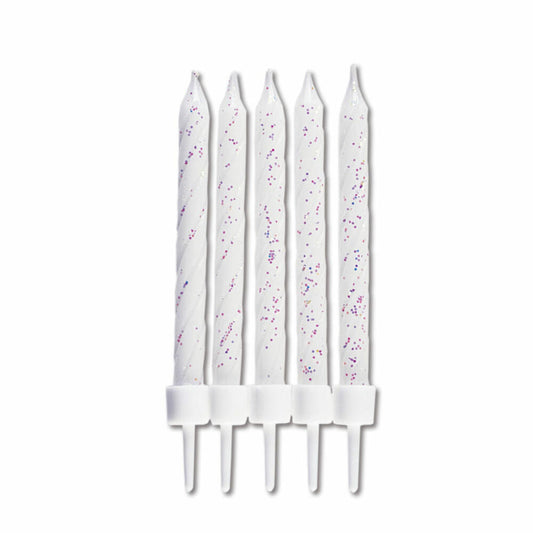 Städter Candles Birthday, 10 pieces, with holder, birthday candles, cake candles, cake, candle, white with glitter, 7.5 cm, 910171