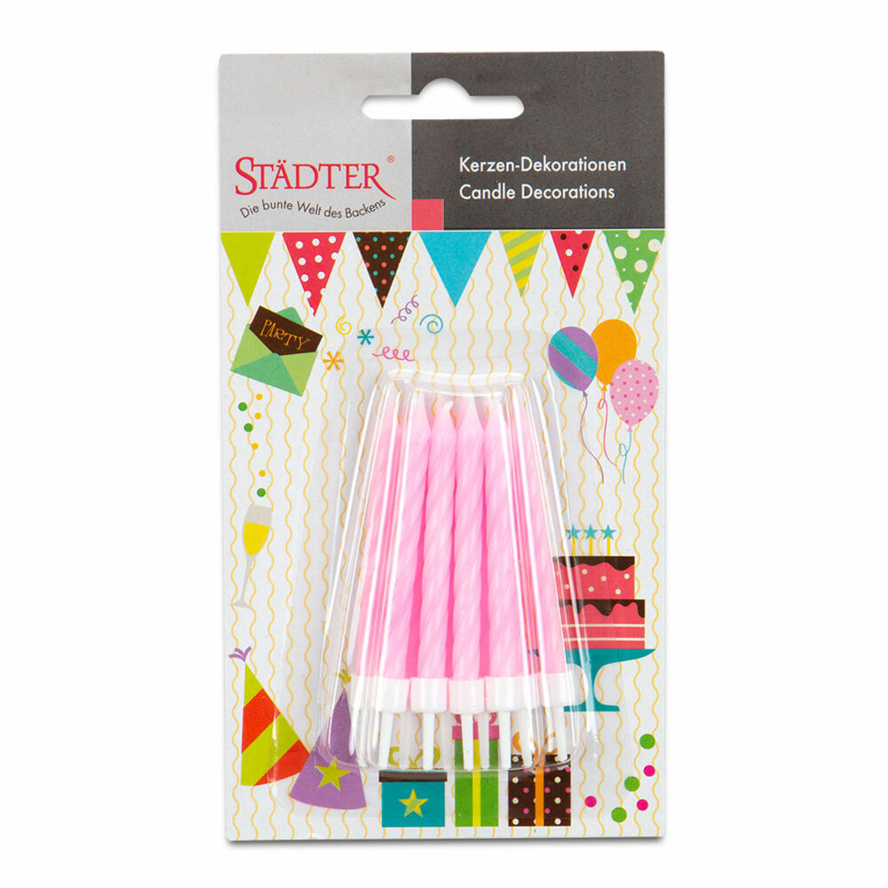 Städter Kerzen Geburtstag, 10 Stück, mit Halter, Geburtstagskerzen, Kuchenkerzen, Kuchen, Kerze, Rosa, 7.5 cm, 910157