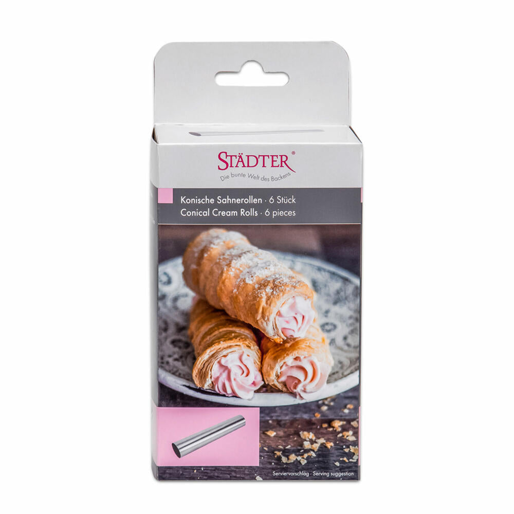 Städter Cream Rolls Conical, Set of 6, Schiller Rolls, Baking Pan, Cream Rolls, Stainless Steel, 14 cm x Ø 3 cm, 425125