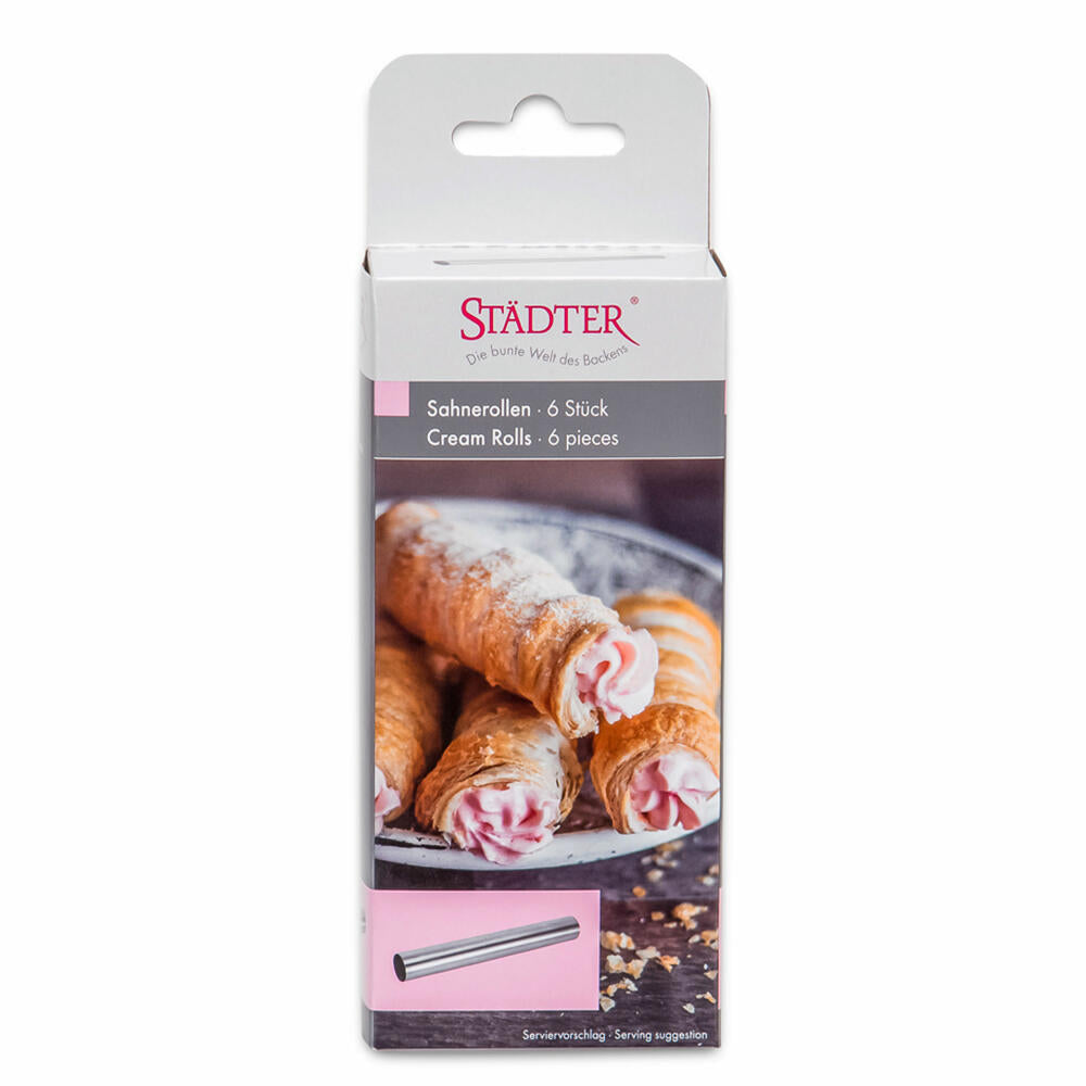 Städter Cream Rolls Straight, set of 6, Schiller rolls, baking pan, cream rolls, stainless steel, 14 cm x Ø 2 cm, 425132