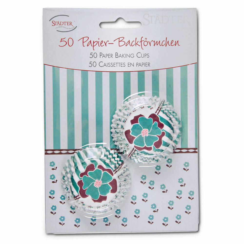 Städter Papier-Backförmchen Blume Türkis Mini, 50 Stück, Papierförmchen, Backform, Muffinförmchen, Papier, 335783