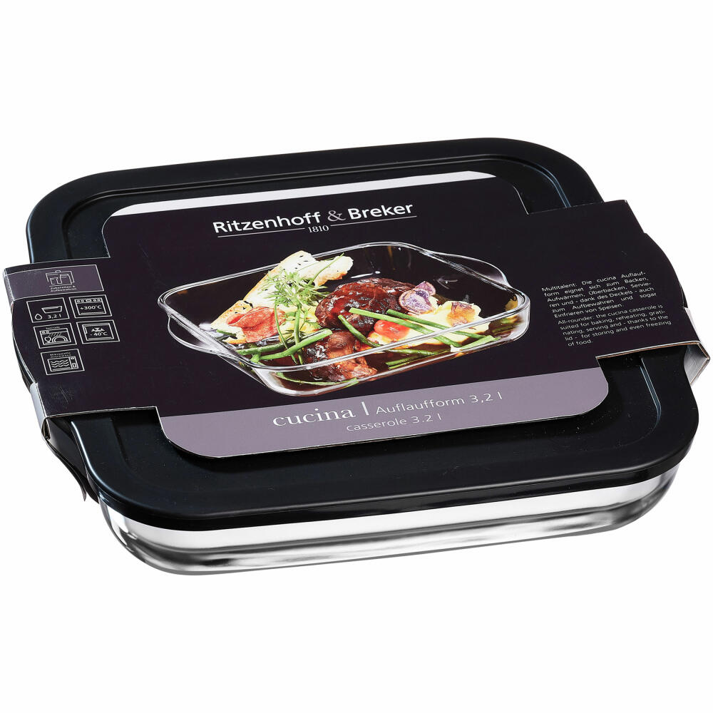 Ritzenhoff & Breker Auflaufform Cucina Quadratisch, mit Deckel, Ofenform, Auflauf Form, Glas, Schwarz, 3.2 L, 807240