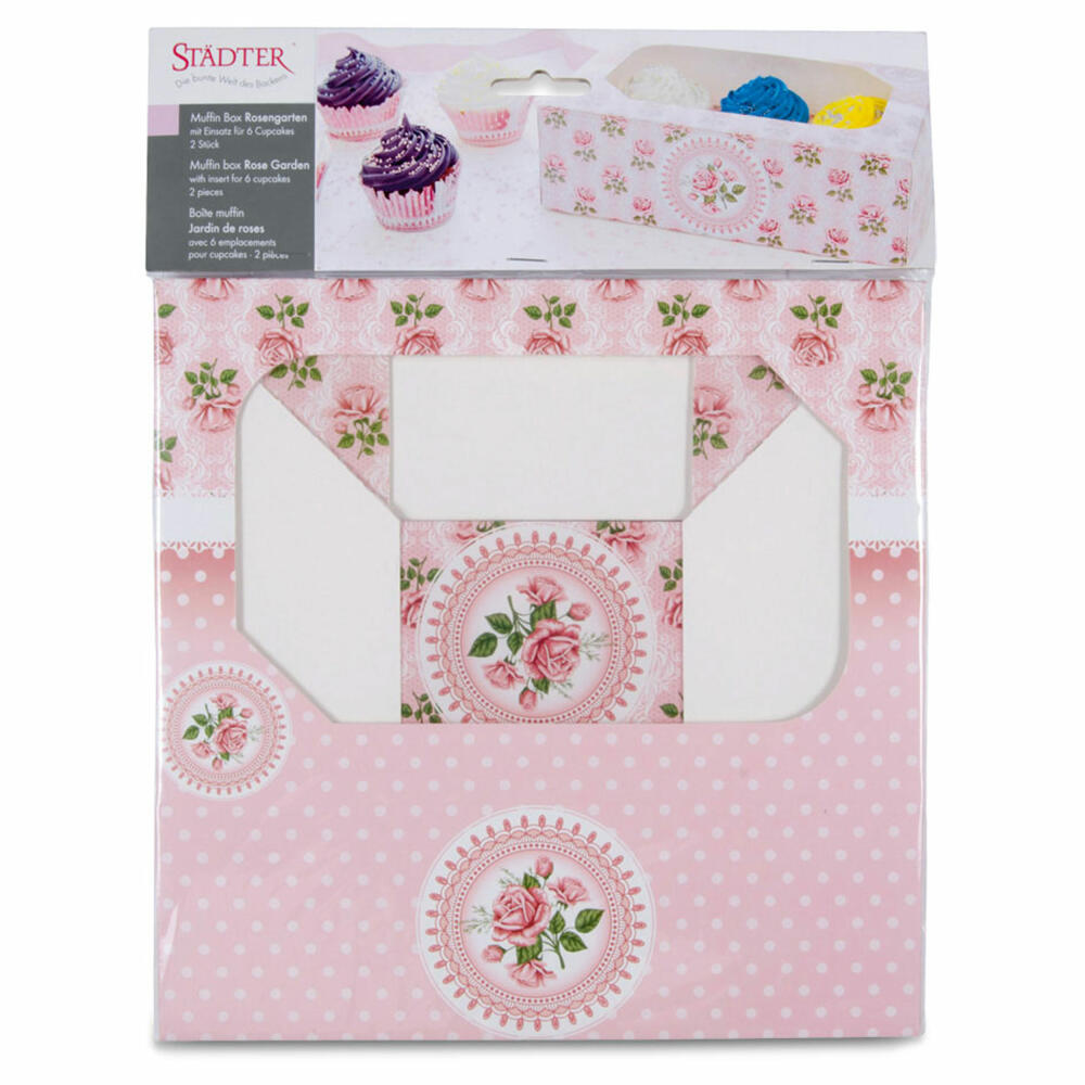 Städter Muffin- und Cupcakebox Rosengarten, 2er Set, für 6 Muffins, Transportbox, Muffinbox, Cupcake, Pappe, 24 x 16.5 x 7.5 cm, 336018