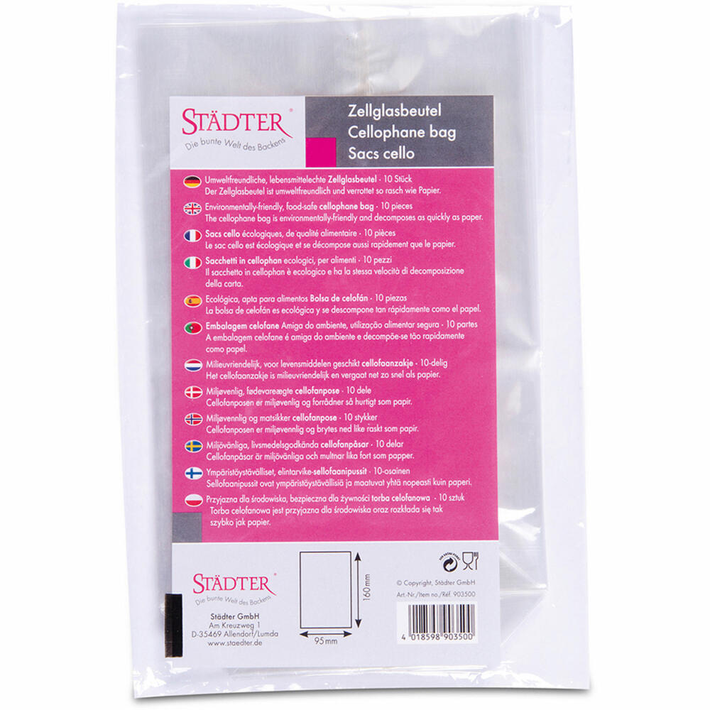 Städter cellophane bags, set of 10, cellophane bags, biscuit bags, cookie bags, cellophane, 9.5 x 16 cm, 903500