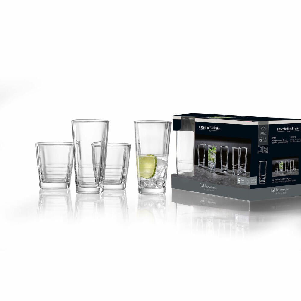 Ritzenhoff & Breker Longdrinkglas Bali, 6er Set, Trinkglas, Saftglas, Wasserglas, Longdrink, Glas, Klar, 370 ml, 817973